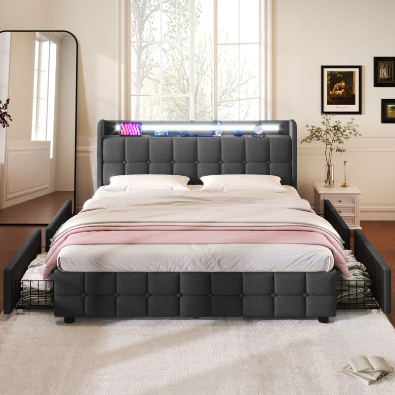 foto del prodotto letto 180x200 cm con cassetto, letto a led per adulti, letto imbottito grigio con funzione di ricarica usb, struttura letto con 4 cassetti, senza