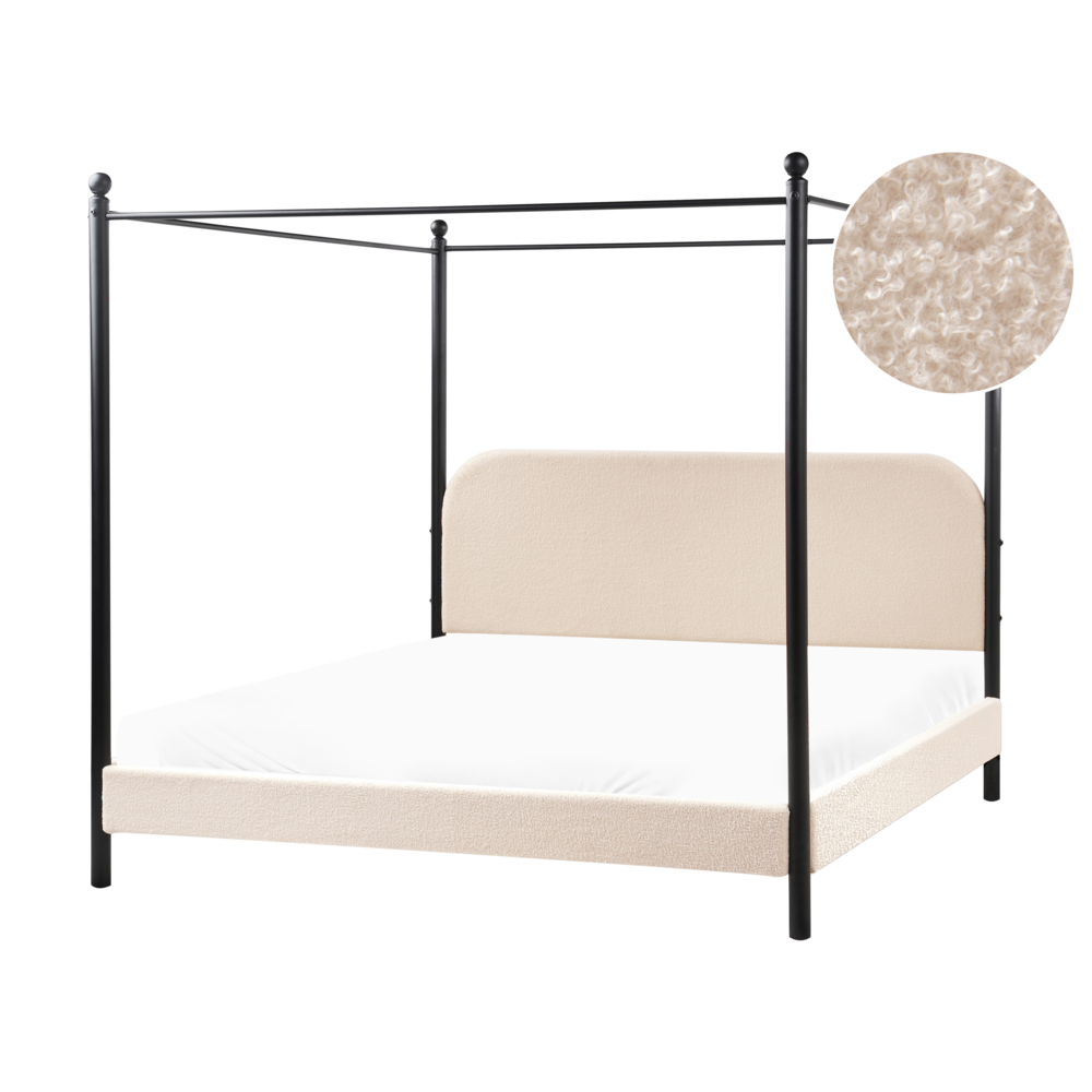 foto del prodotto letto a baldacchino in metallo nero con rivestimento in boucl beige 180 x 200 cm eu dimensioni doppie retro minimalista