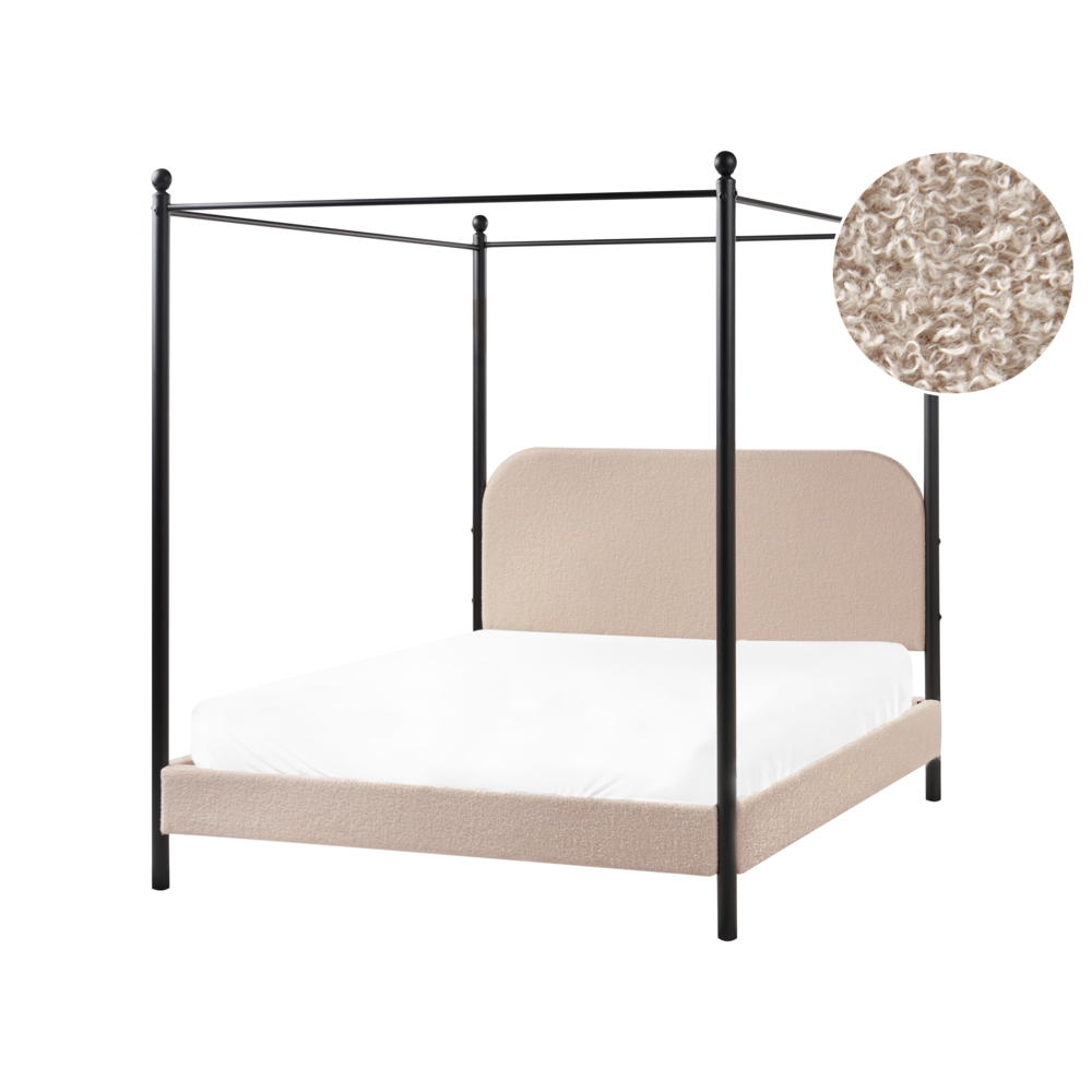 foto del prodotto letto a baldacchino in metallo nero con rivestimento in boucl tortora 140 x 200 cm eu dimensioni doppie retro minimalista