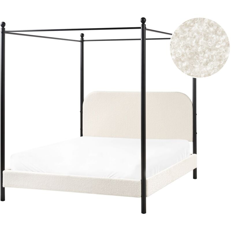 foto del prodotto letto a baldacchino retr minimalista ue 140 x 200 cm telaio in metallo nero doghe in legno di pioppo boucle rivestimento bianco sporco dannemois