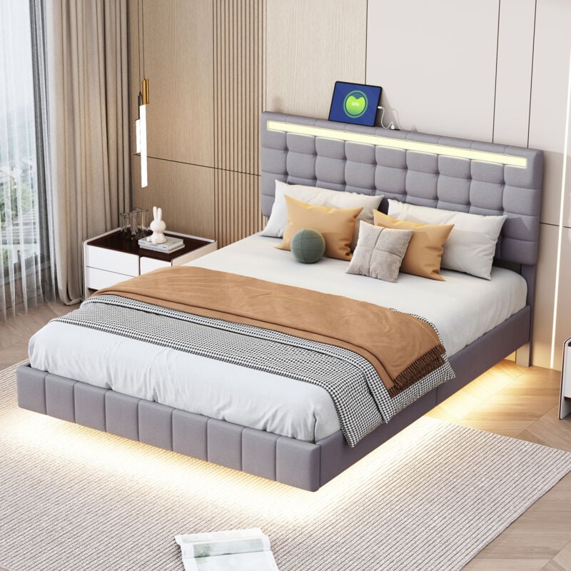 foto del prodotto letto a baule imbottito 140 x 200 cm, struttura letto sospesa imbottita con luci a led e testiera, letto piatto per ospiti in lino grigio delicato