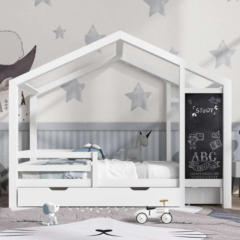 foto del prodotto letto a cabina in legno massello con tavolo e 2 cassetti, letto per bambini 90 x 200 cm con barriera e rete, bianco senza materasso