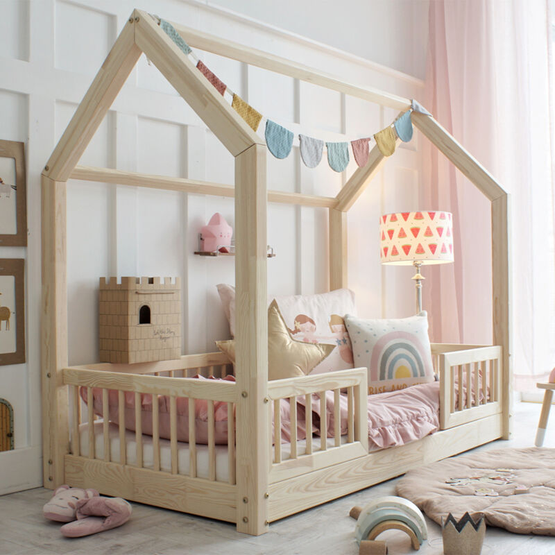 foto del prodotto letto a capanna 90x190 con ringhiera e rete a doghe, gambe 1 cm sofia bois