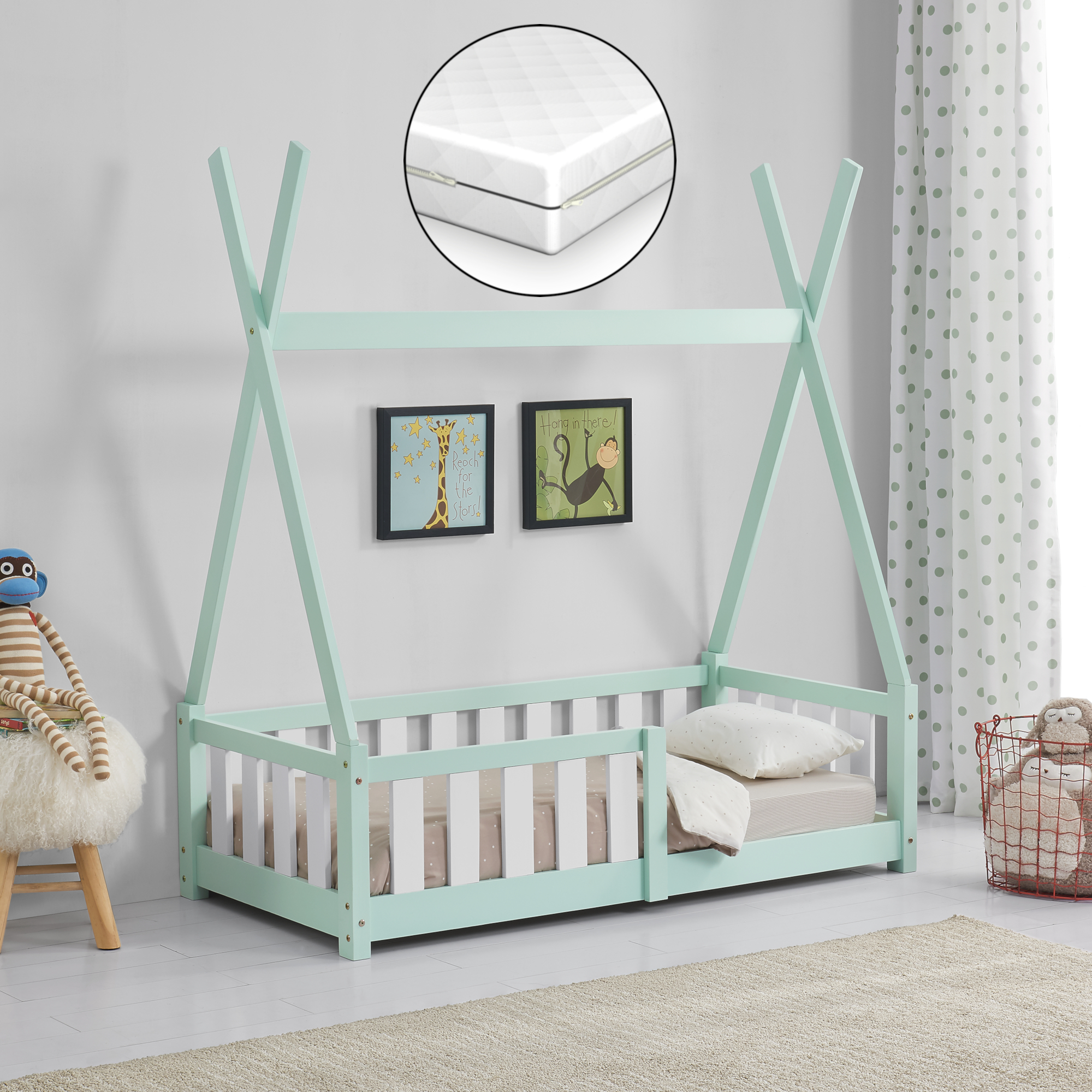foto del prodotto letto a capanna helsingborg con sponde e materasso 70 x 140 cm menta verde en.casa 