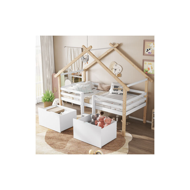 foto del prodotto letto a casetta per bambini 90x200 cm con scaletta, 2 vani contenitore su ruote, pino e mdf, bianco e naturale