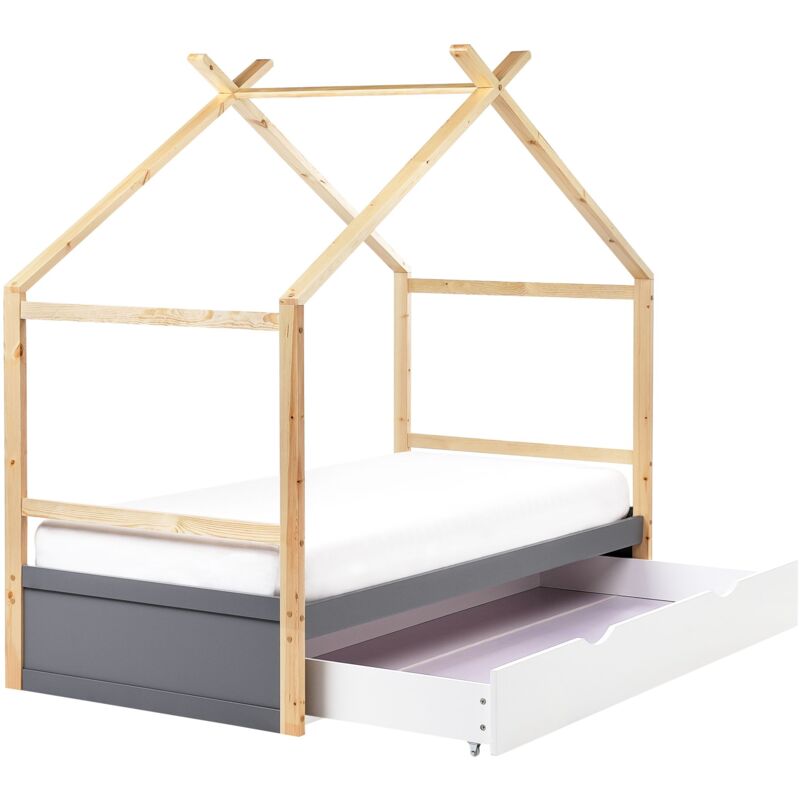 foto del prodotto letto a casetta per bambini in legno di pino ue misura singola 90 x 200 cm con rete a doghe e cassetto portaoggetti grigio orgeval