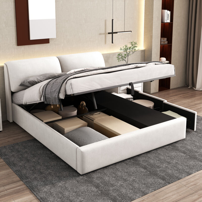 foto del prodotto letto a cassapanca letto matrimoniale letto per adulti 180 x 200 cm con 3 cassetti e rete a doghe, senza materasso, velluto, bianco