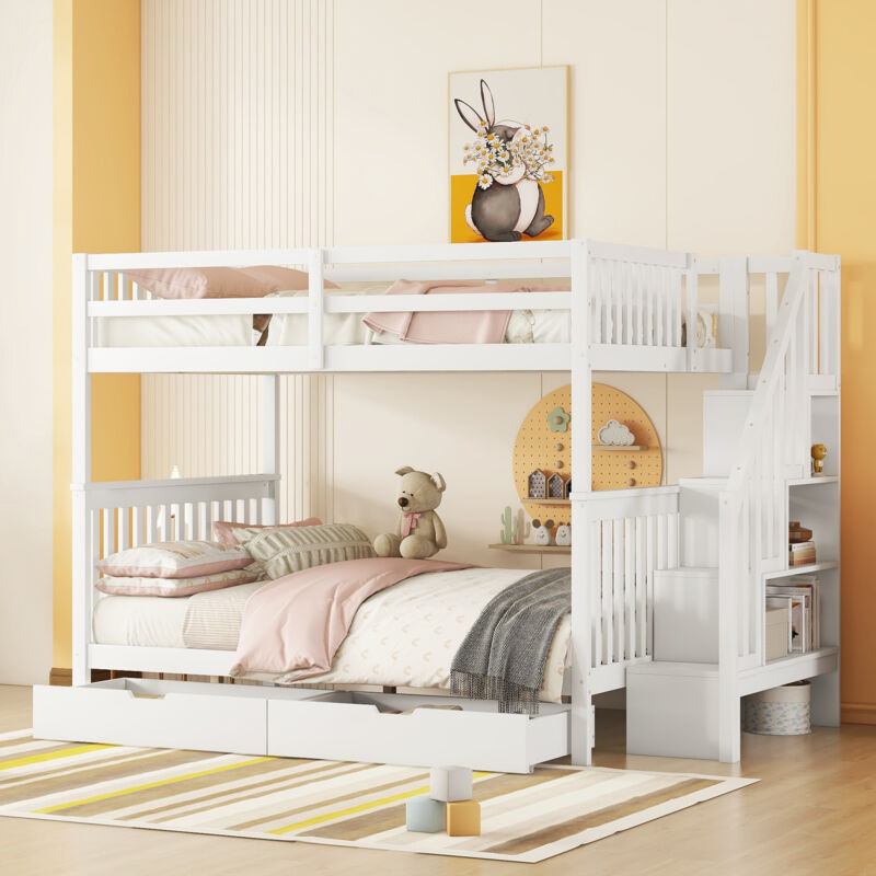 foto del prodotto letto a castello 140200 cm, ripiano per scale, dotato di due cassetti, sponde alte, certificato en747 1, bianco