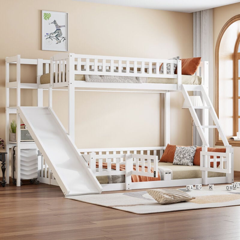 foto del prodotto letto a castello, 140200cm, ringhiera, legno di pino, scivolo, gradini, en747, ripiani multipli, piccola porta scorrevole, senza materasso, bianco