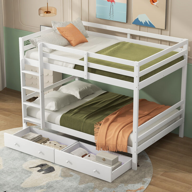 foto del prodotto letto a castello 140x200 cm, letto a castello per bambini con 2 cassetti e sponde alte, struttura letto in pino, bianco, senza materasso