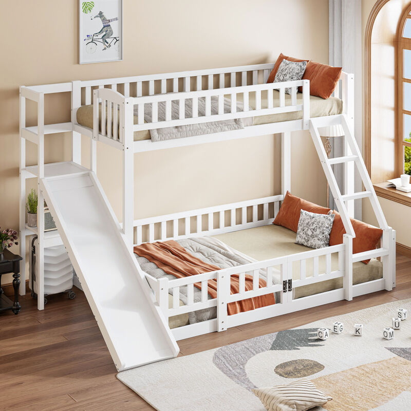 foto del prodotto letto a castello 140x200 cm, letto per bambini con scivolo, ripiano portaoggetti, barriera di sicurezza, pino, senza materasso, bianco