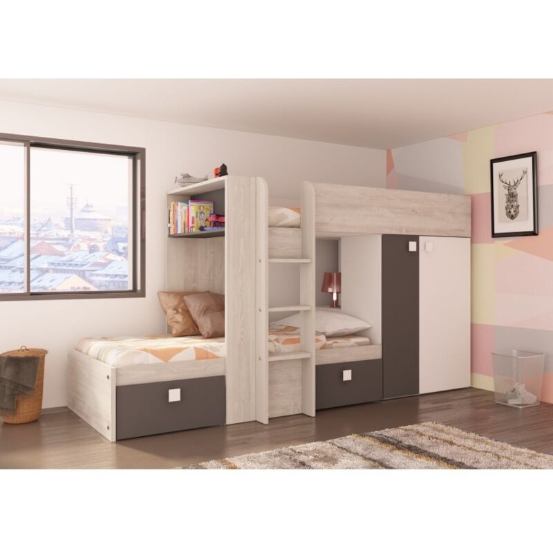 foto del prodotto letto a castello 285x110x150 cm nero grafite rovere e bianco opaco con armadio e base letto inferiore albenga