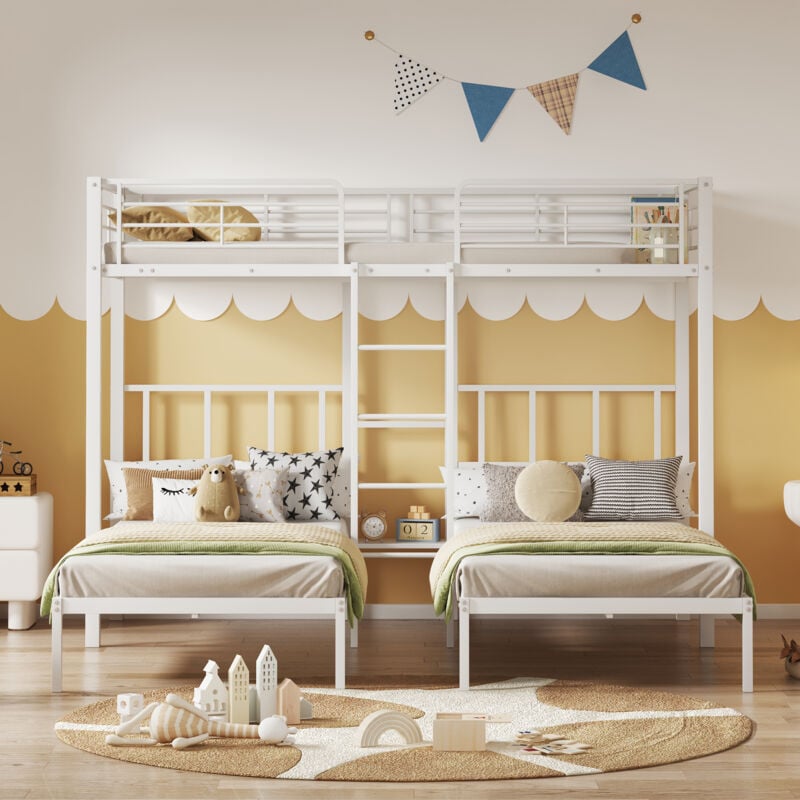 foto del prodotto letto a castello 3 posti 90 x 200 cm per bambini e ragazzi con sponda di sicurezza, bianco