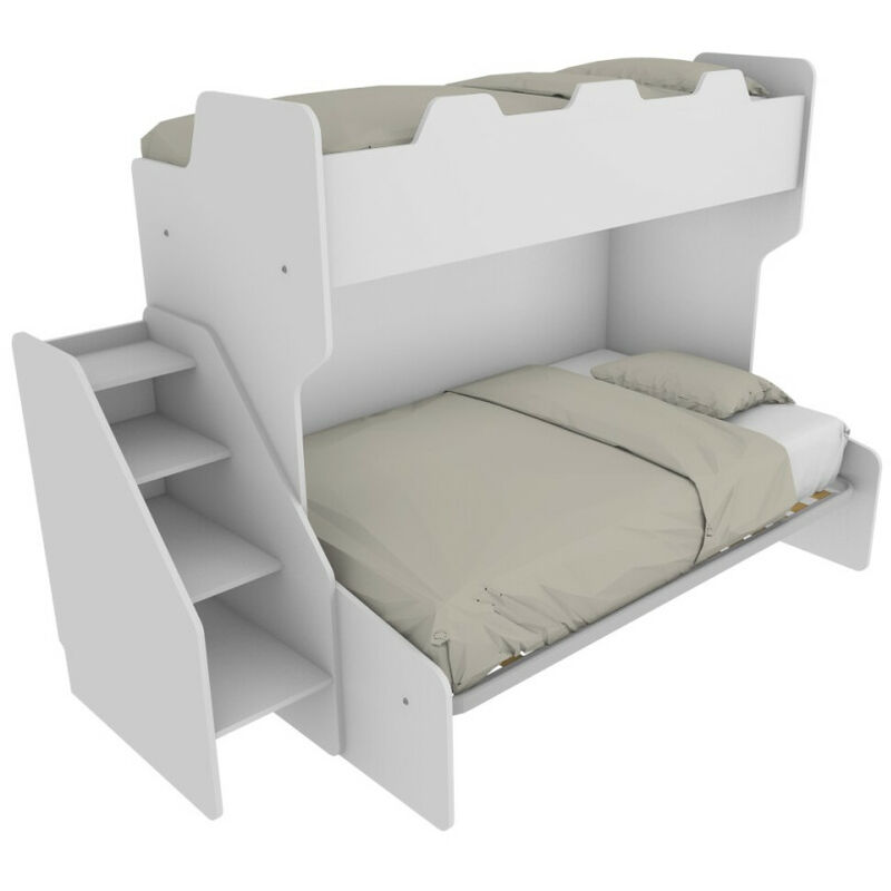 foto del prodotto letto a castello 3 posti con terzo letto estraibile e scaletta contenitore una piazza e mezza bianco