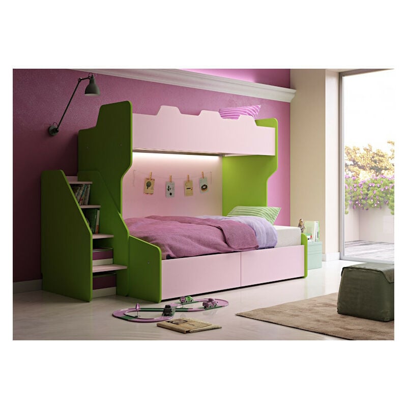 foto del prodotto letto a castello 3 posti con terzo letto estraibile e scaletta contenitore una piazza e mezza bianco e quercia
