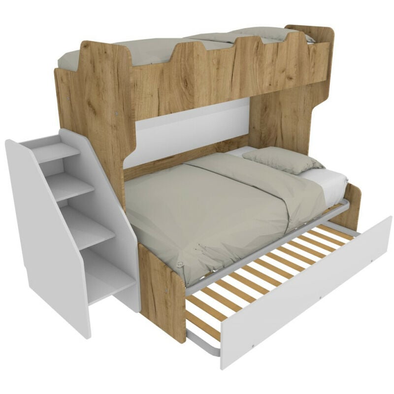 foto del prodotto letto a castello 3 posti con terzo letto estraibile e scaletta contenitore una piazza e mezza quercia e bianco