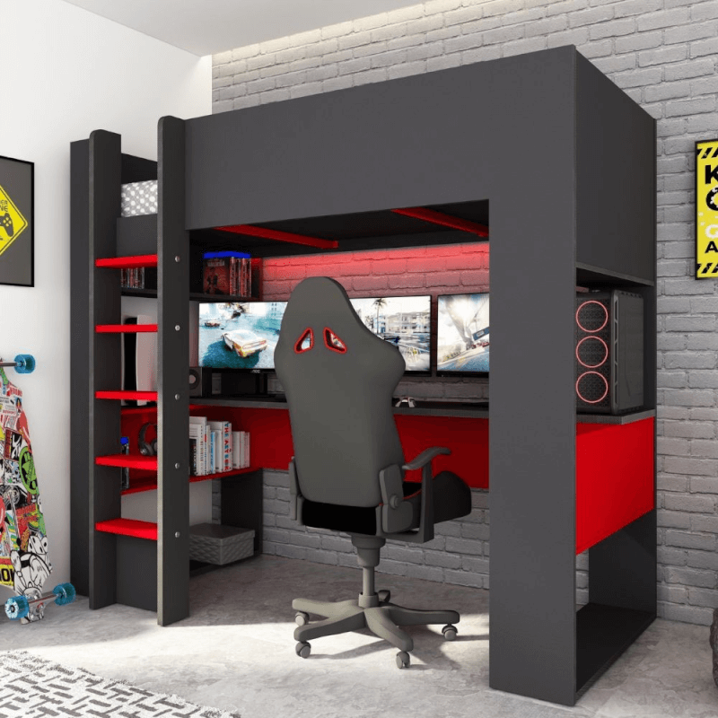foto del prodotto letto a castello 5050 antracite rosso con scrivania