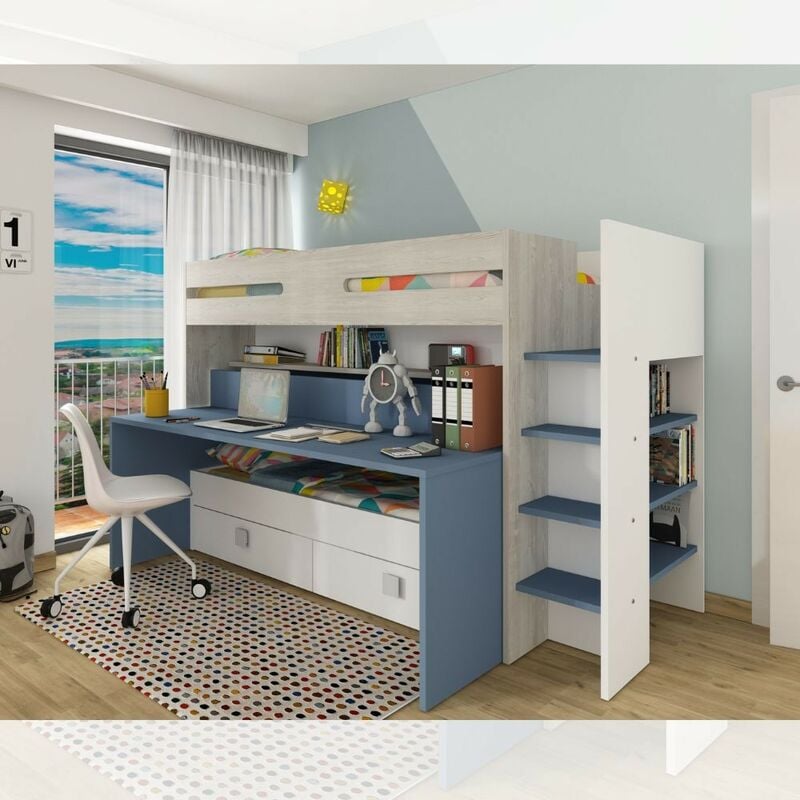 foto del prodotto letto a castello 6070 bianco celeste con scrivania estraibile