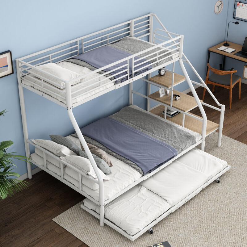 foto del prodotto letto a castello 90 x 200 cm con letto estraibile, scala contenitore, struttura letto in metallo per bambini, adolescenti e adulti, bianco