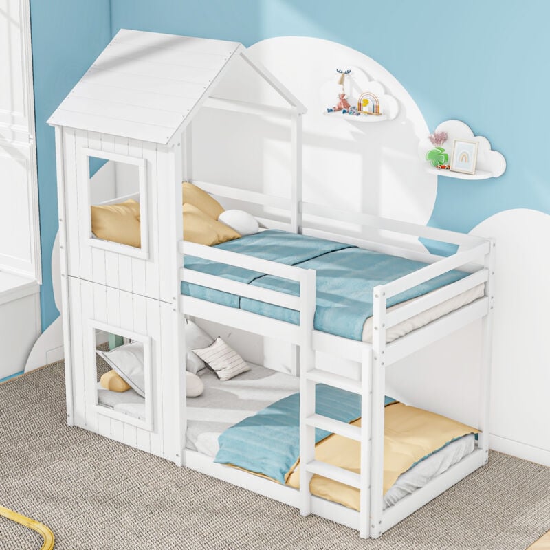 foto del prodotto letto a castello 90200 cm, letto per bambini, letto per ragazze e ragazzi, con scala e baldacchino, dal pavimento al soffitto, legno massiccio, bianco