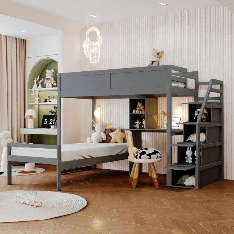foto del prodotto letto a castello 90200 cm, scala di sicurezza con scomparto portaoggetti nascosto, scomparto portaoggetti per ufficio, design recinzione alta due in