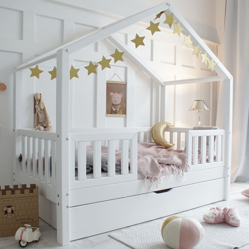foto del prodotto letto a castello 90x190 barriere con rete a doghe e cassetto roxane bianco