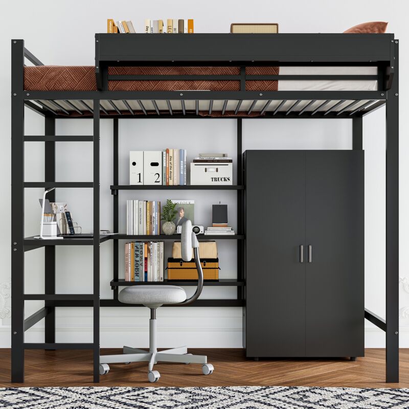 foto del prodotto letto a castello 90x200 cm con tavolo, armadio, ampi vani portaoggetti e scaletta a 5 gradini, ferro truciolato, nero