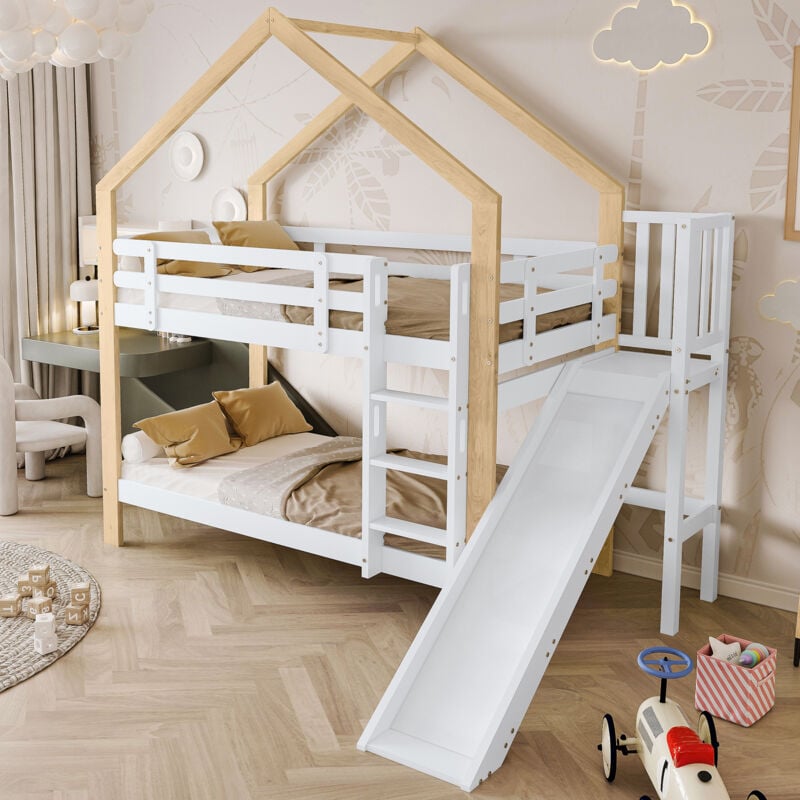 foto del prodotto letto a castello 90x200 cm letto a soppalco con scivolo, scaletta angolare a tre gradini, protezione anticaduta, legno massello, bianco naturale