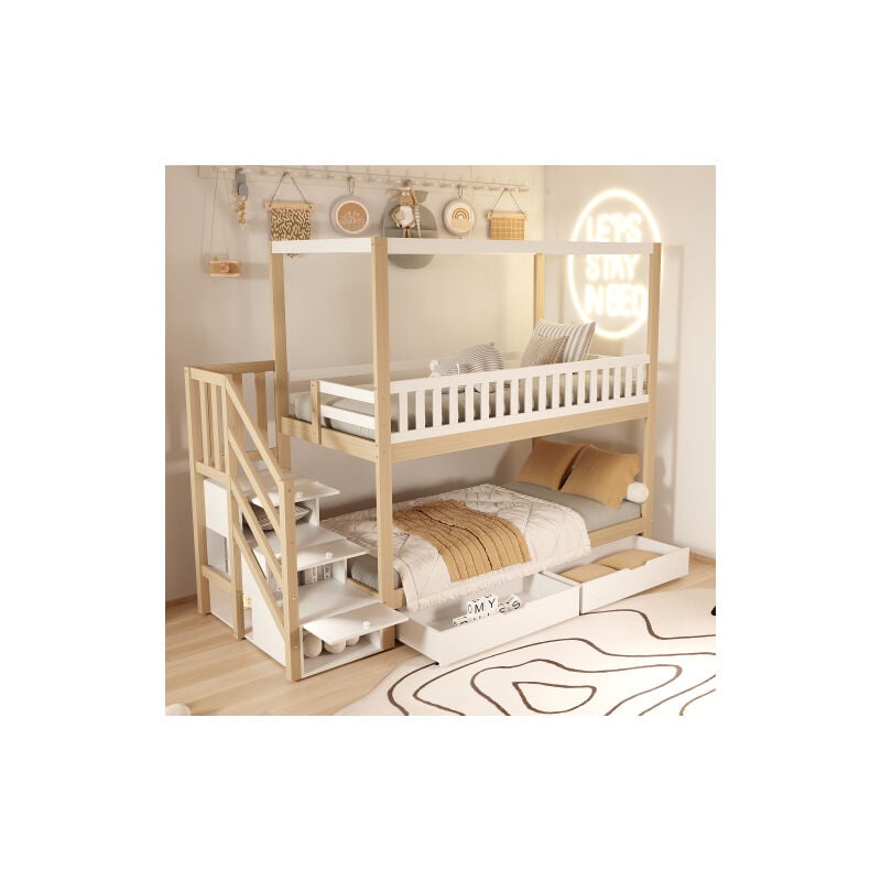 foto del prodotto letto a castello 90x200 cm, letto matrimoniale con scaletta contenitore, cassetti, forma di casa, recinto, senza materasso, bianco e legno naturale