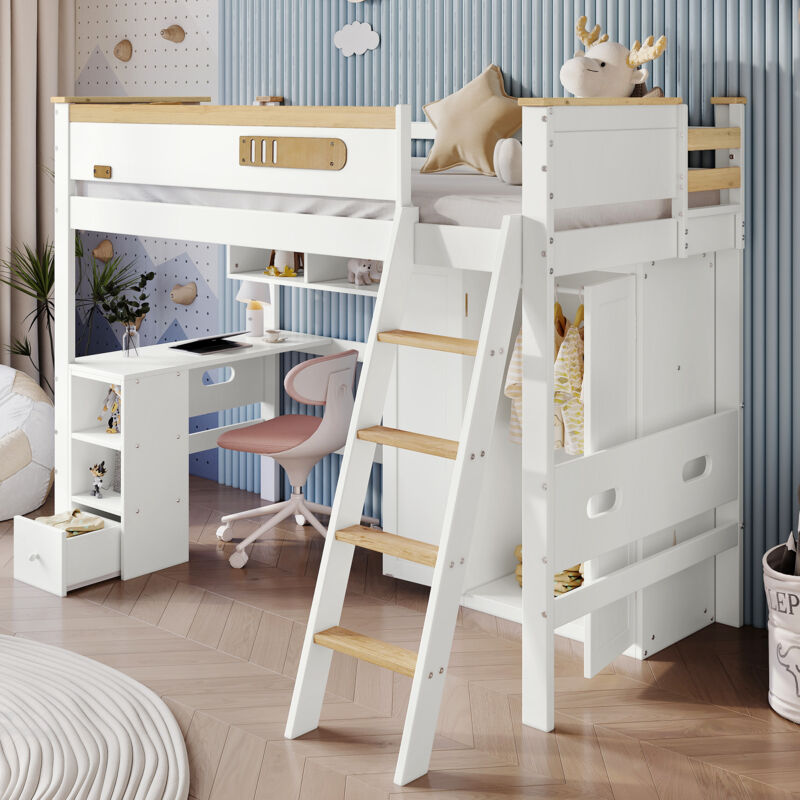 foto del prodotto letto a castello 90x200 cm, letto per bambini con rete di protezione, tavolo e armadio, pino mdf compensato, bianco