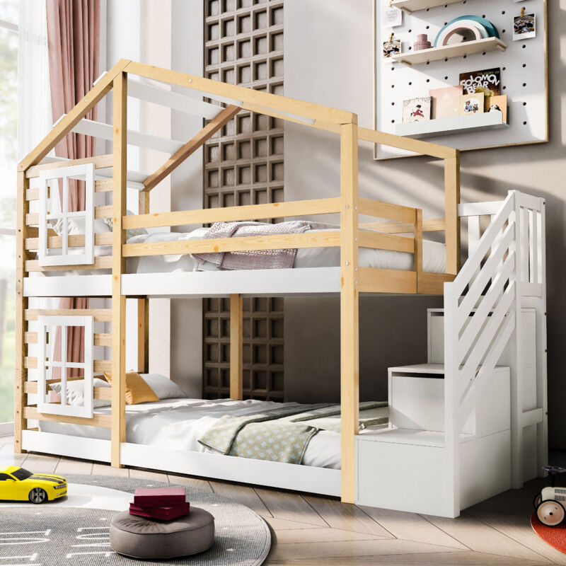 foto del prodotto letto a castello 90x200 cm, letto per bambini con ripostiglio e protezione antiribaltamento, mdf, doghe 2, colore naturale