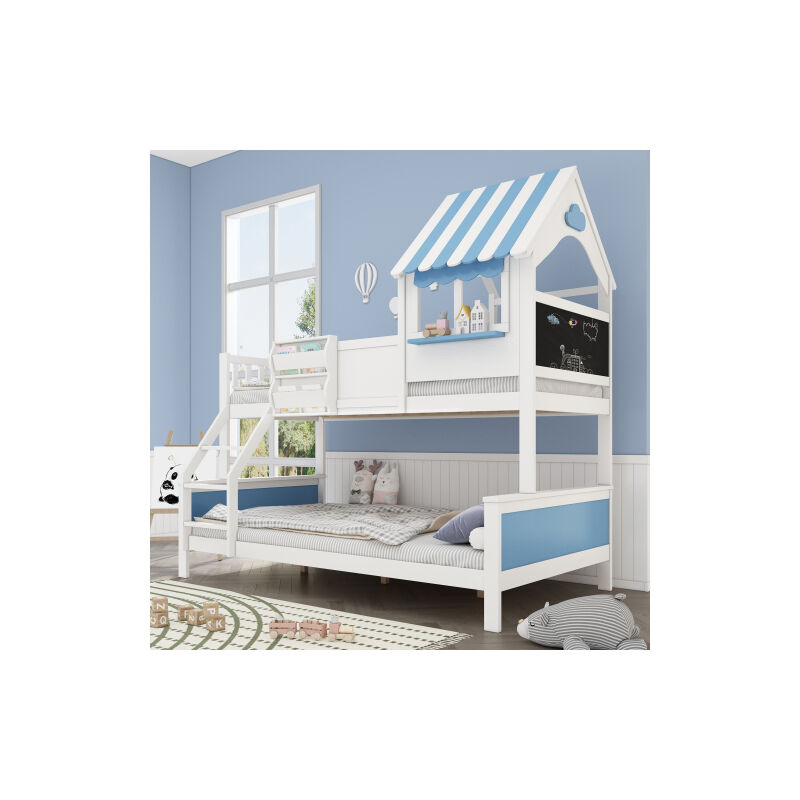 foto del prodotto letto a castello 90x200cm e 120x200cm con contenitore, scala inclinata a tre gradini, tetto, pannelli graffiti, pino e mdf, bianco e blu