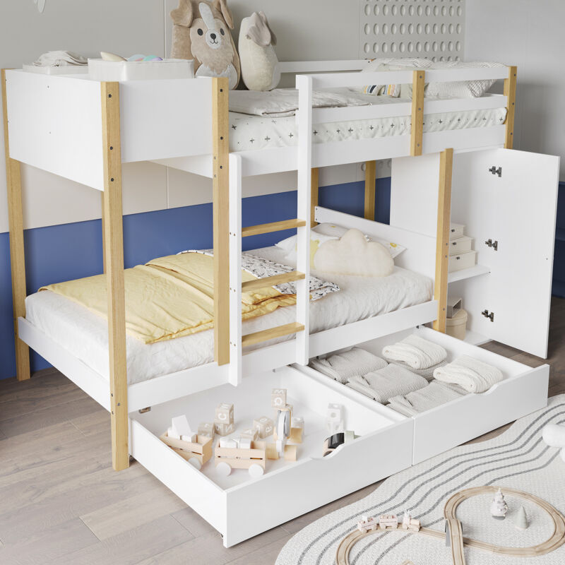 foto del prodotto letto a castello 90x200cm, letto per bambini con contenitore, 2 cassetti su rotelle, pino mdf, senza materasso, bianco