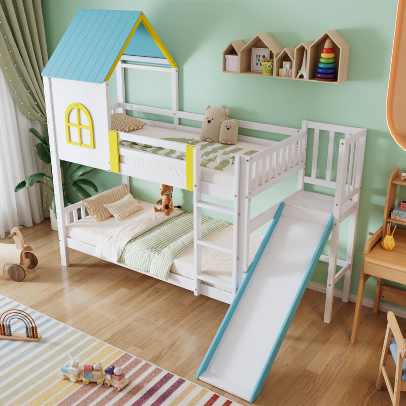 foto del prodotto letto a castello 90x200cm, letto per bambini con finestra superiore, ringhiera anti caduta, scivolo, scala, bianco