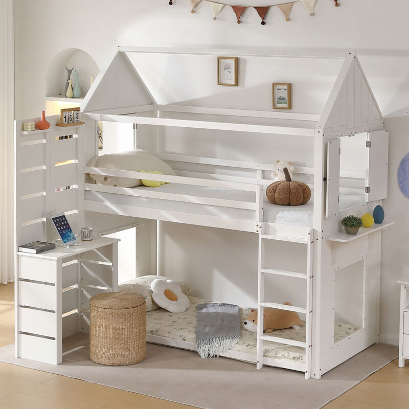 foto del prodotto letto a castello 90x200cm, letto per bambini con tavolo, letto a casetta, 2 finestre, senza materasso, pino mdf, bianco