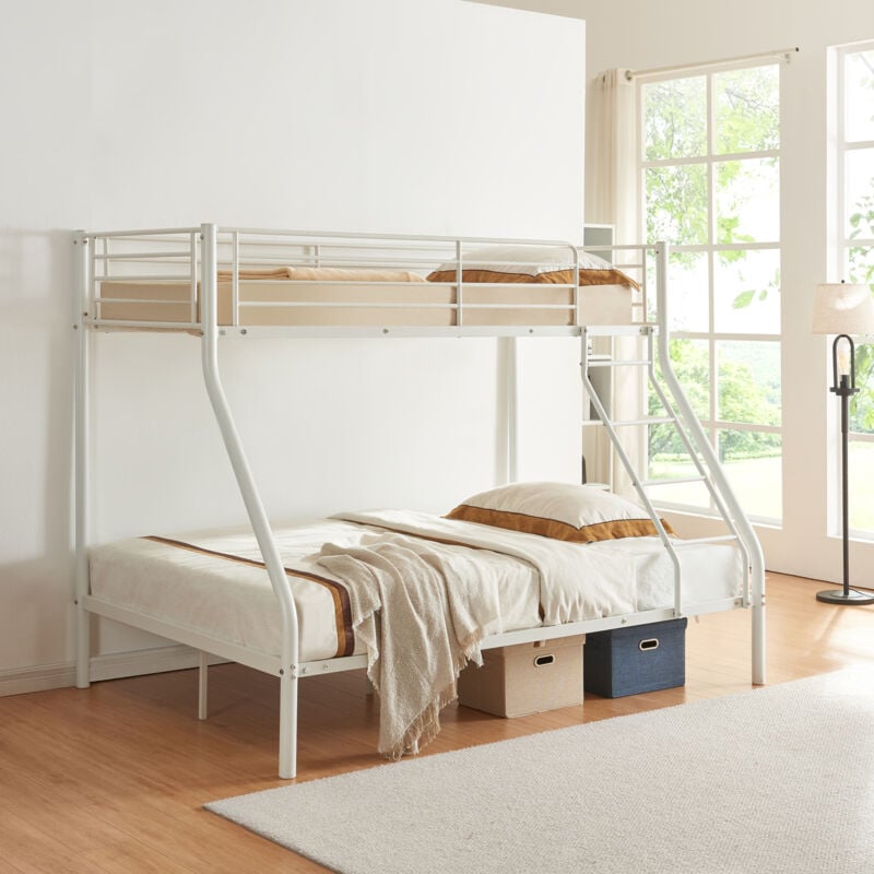 foto del prodotto letto a castello a 3 posti con barriera anticaduta e scaletta 200 x 140 90 cm metallo bianco neu.haus 