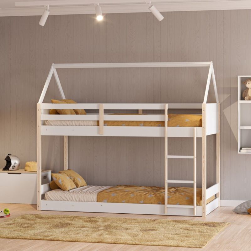 foto del prodotto letto a castello a forma di casetta in legno colore bianco monteido