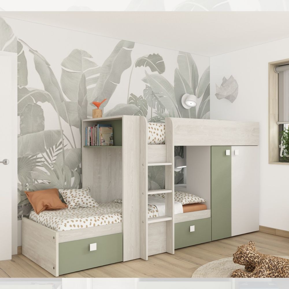 foto del prodotto letto a castello bianco vintage e verde con armadio e cassetti 1268