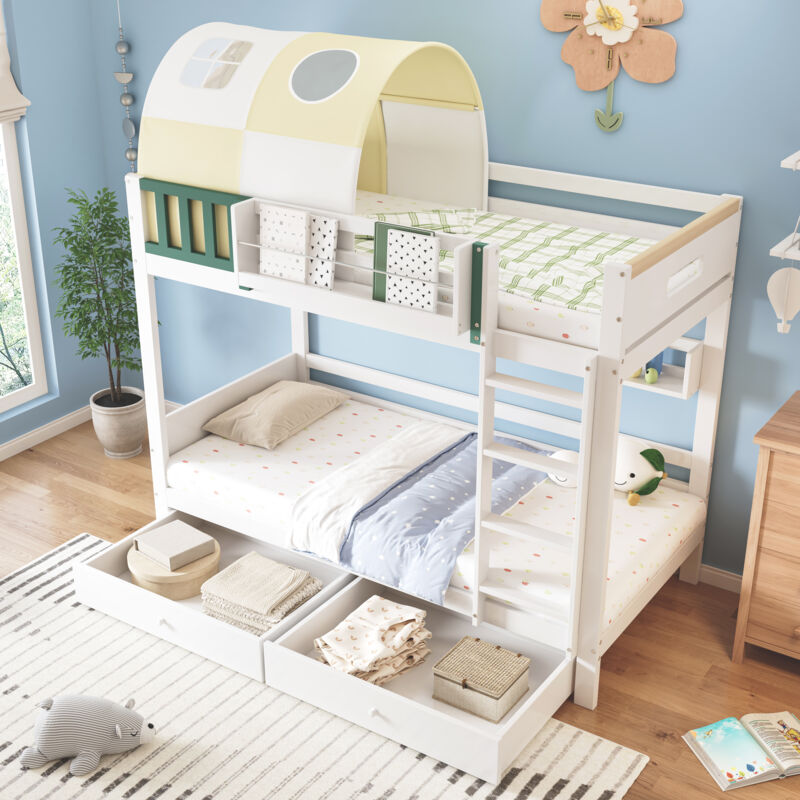 foto del prodotto letto a castello cabina, letto a castello per bambini 90x200 cm con piccola tenda, griglia, scaletta, 2 cassetti su ruote, bianco