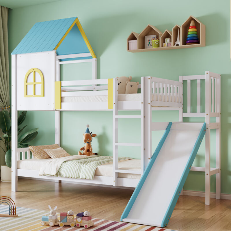 foto del prodotto letto a castello cabina, letto per bambini 90x200 cm con tetto, finestra, griglia, scaletta, letto a castello con scivolo, bianco e blu