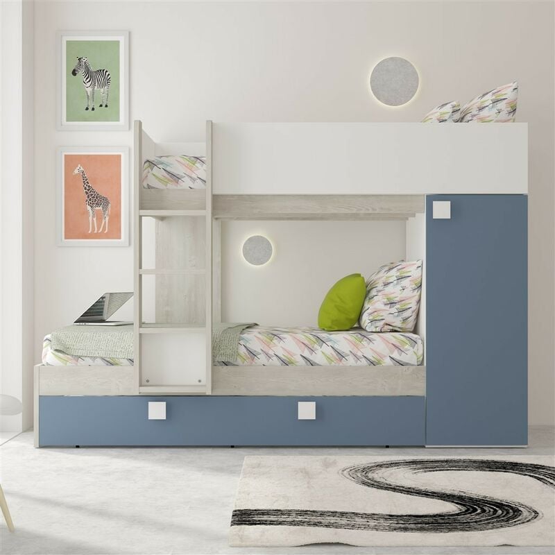 foto del prodotto letto a castello climb per due bambini con letto estraibile e armadio colore bianco consumato e azzurro