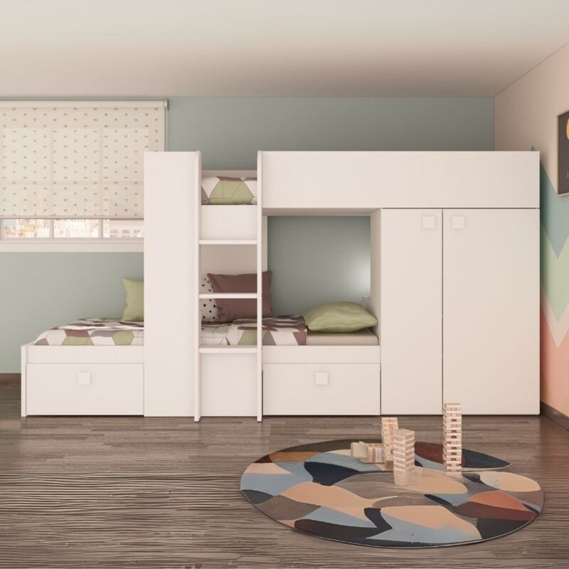 foto del prodotto letto a castello con armadio e cassetti colore bianco 295x110x150h witt