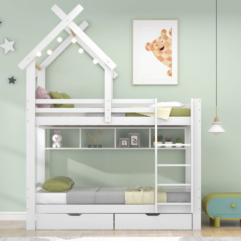 foto del prodotto letto a castello con cassetti e ripiani, letto a casetta con scala ad angolo retto a tre gradini, lettino per bambini con protezione anticaduta e