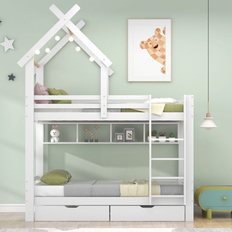 foto del prodotto letto a castello con cassetti e ripiani, letto a soppalco con scala ad angolo retto con tre gradini, letto per bambini con protezione anticaduta e