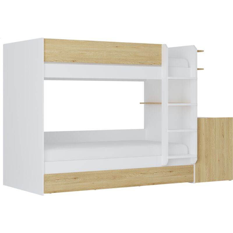 foto del prodotto letto a castello con cassetto letto a scomparsa e 2 scrivanie 3 x 90 x 190 cm bianco e naturale - domati