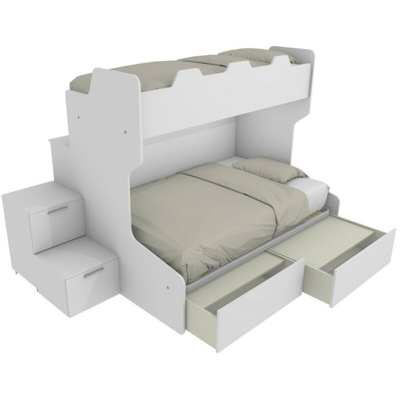 foto del prodotto letto a castello con gradini a cassetti e passerella - una piazza e mezza e singola - bianco