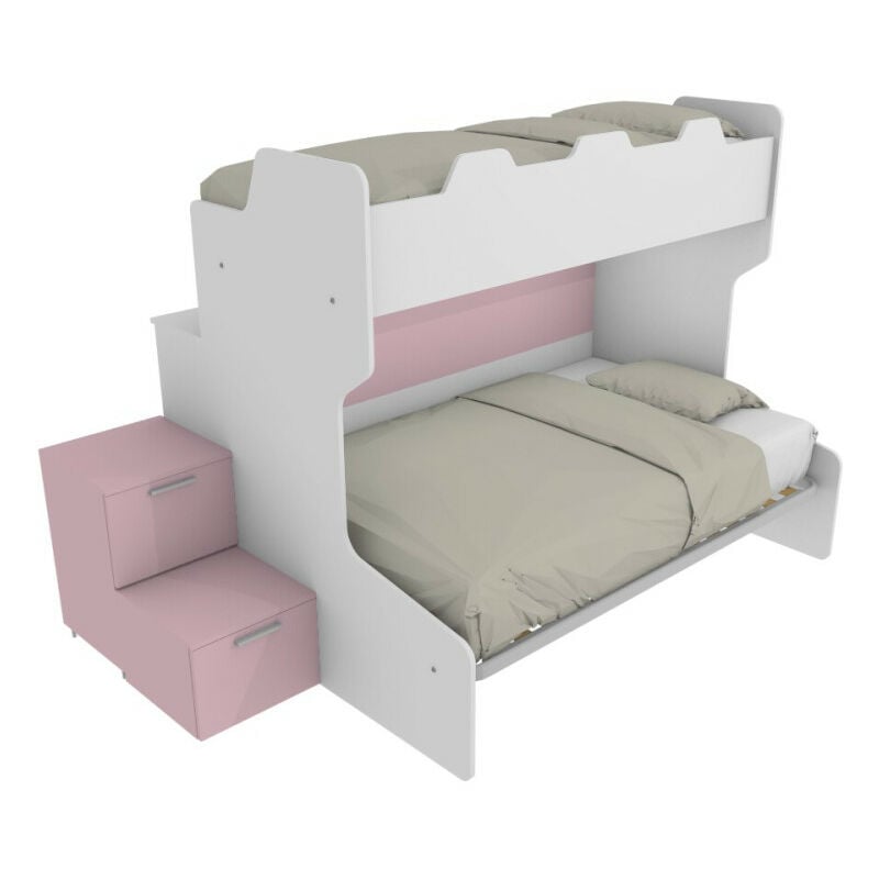 foto del prodotto letto a castello con gradini a cassetti e passerella - una piazza e mezza e singola - bianco e cipria