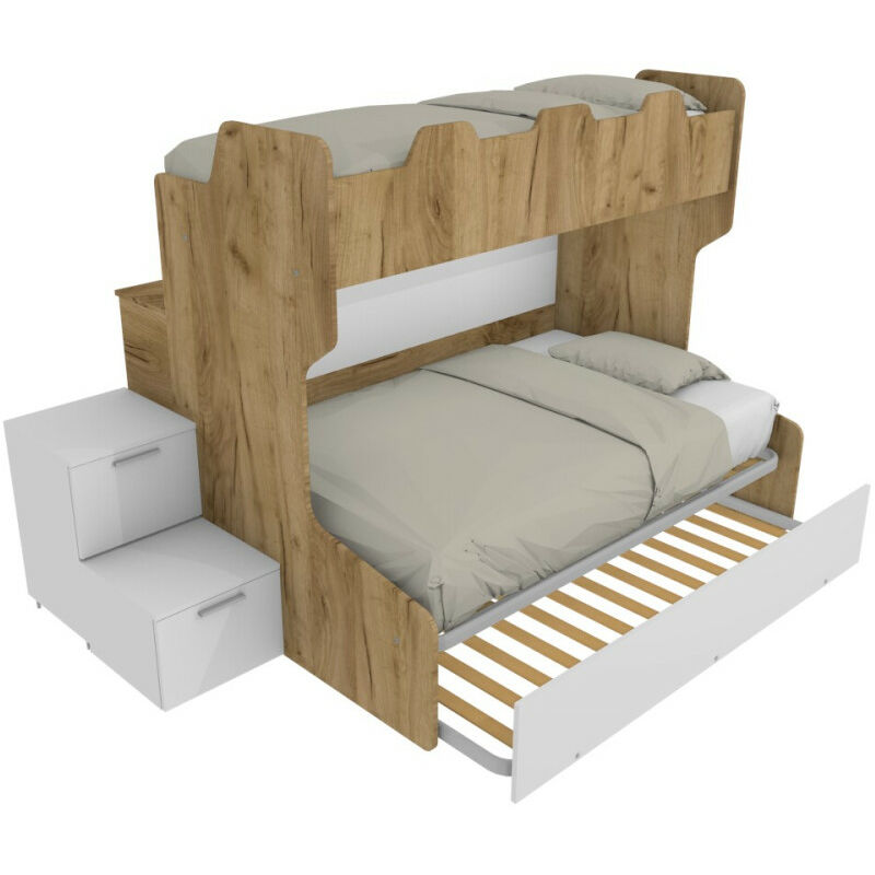 foto del prodotto letto a castello con gradini a cassetti e passerella - una piazza e mezza e singola - quercia e bianco
