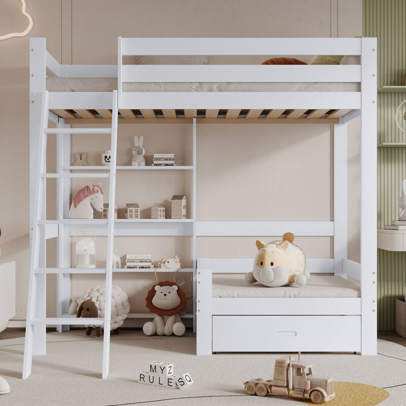 foto del prodotto letto a castello con ripiani e divano, letto in legno con un cassetto, letto per bambini con scaletta inclinata a cinque livelli, giroletto in legno