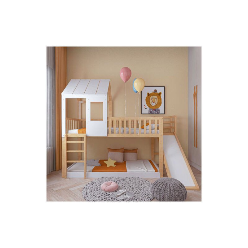 foto del prodotto letto a castello con scala ad angolo retto e scivolo, letto a casetta con tetto e finestra, lettino per bambini con protezione anticaduta e sbarre,